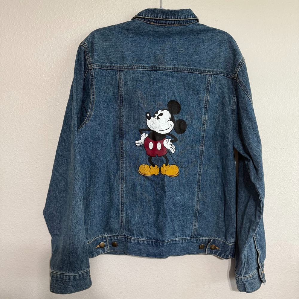 Disney Mickey Mouse Trucker‎ Jacket Mens Small Blue Denim Pockets Retro Jean
